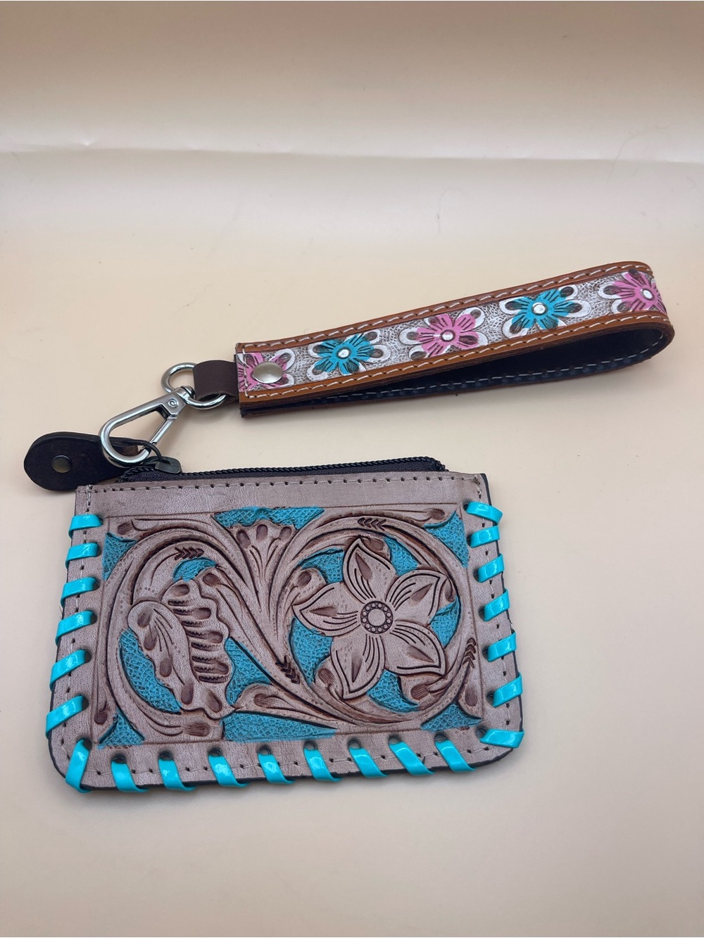 Western Tooled Leather Cowhide Wristlet Coin Purse Turquoise Floral